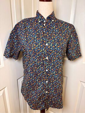 Club Room Blue Floral Button Down Shirt Short Sleeve Casual Tropical Print Small